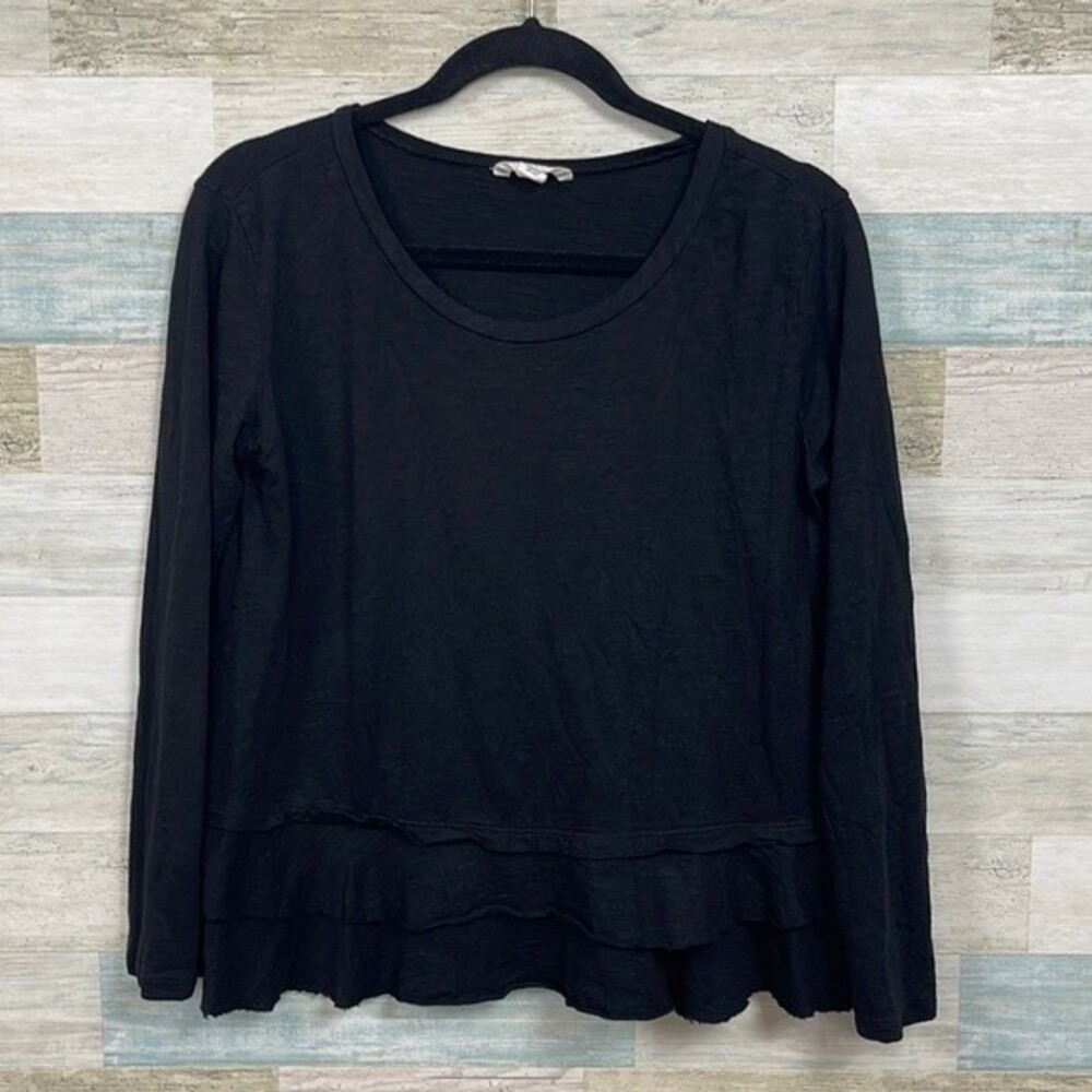 CASLON Ruffle Tiered Hem Long Sleeve Shirt Black Womens Small